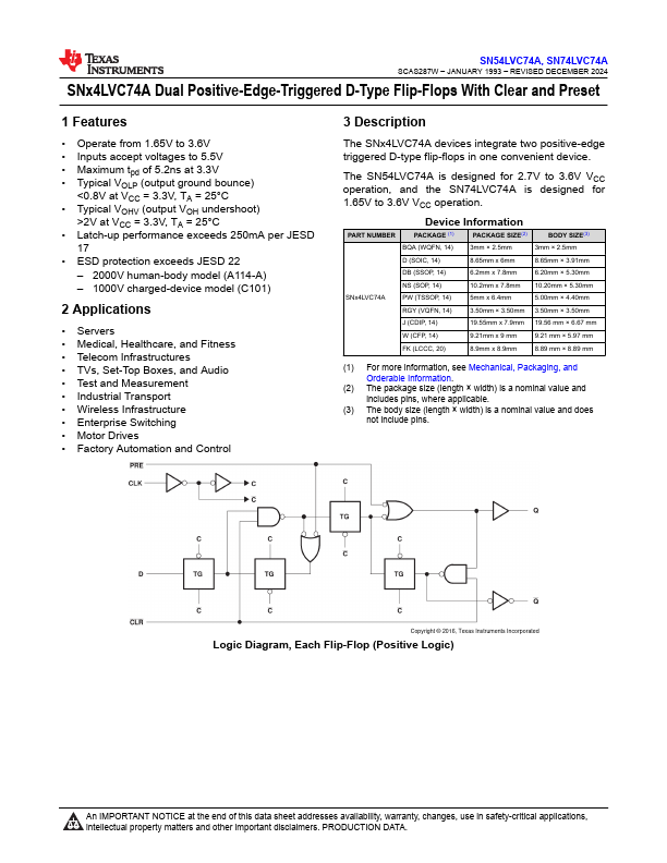 SN54LVC74A Datasheet Preview