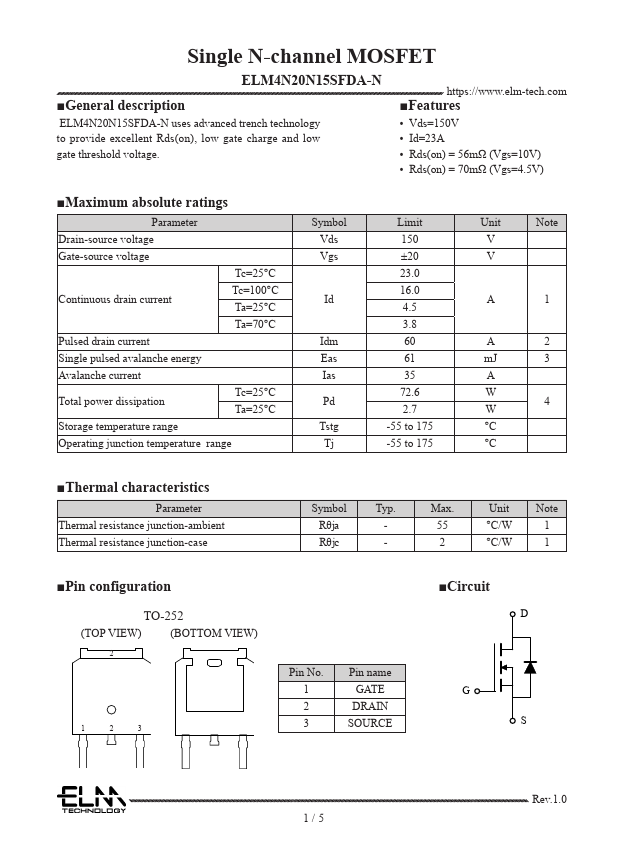 ELM4N20N15SFDA-N Single N-channel MOSFET by ELM - Datasheet Preview