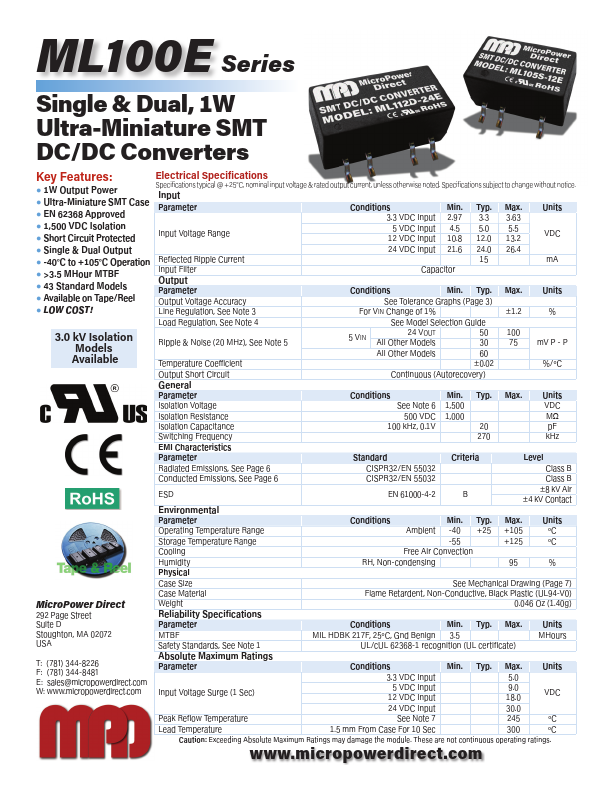ML105S-09E 1W Ultra-Miniature SMT DC/DC Converters by MicroPower Direct - Datasheet Preview