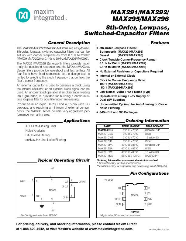 MAX292 Switched-Capacitor Filters by Maxim Integrated - Datasheet Preview