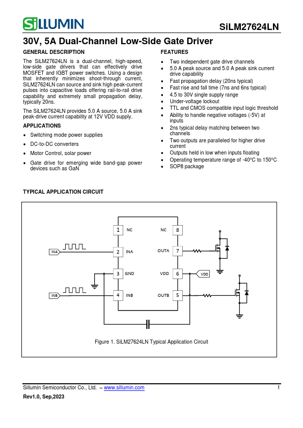 SiLM27624LN 30V 5A Dual-Channel Low-Side Gate Driver by Sillumin - Datasheet Preview