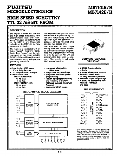 MB7141E High Speed Schottky TTL PROM by Fujitsu - Datasheet Preview