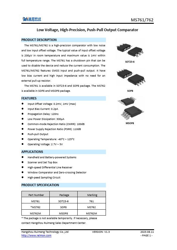 MS762 Push-Pull Output Comparator by Ruimeng - Datasheet Preview