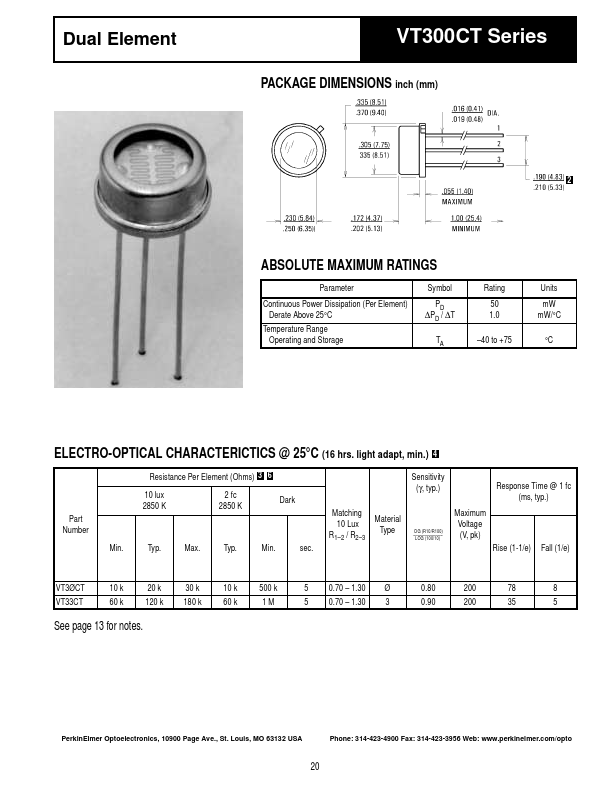VT33CT Dual Element by PerkinElmer Optoelectronics - Datasheet Preview