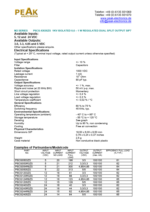 P6CG2403ZS DC/DC converters by PEAK electronics - Datasheet Preview