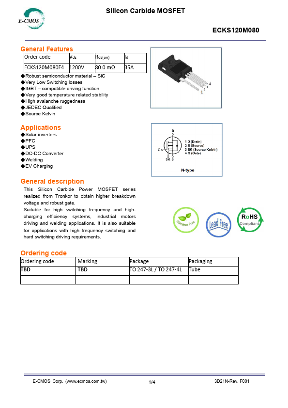 ECKS120M080 Silicon Carbide MOSFET by E-CMOS - Datasheet Preview