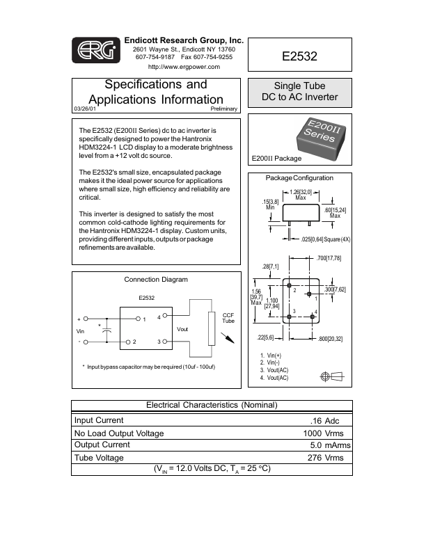 E2532 Single Tube DC to AC Inverter by ERG - Datasheet Preview