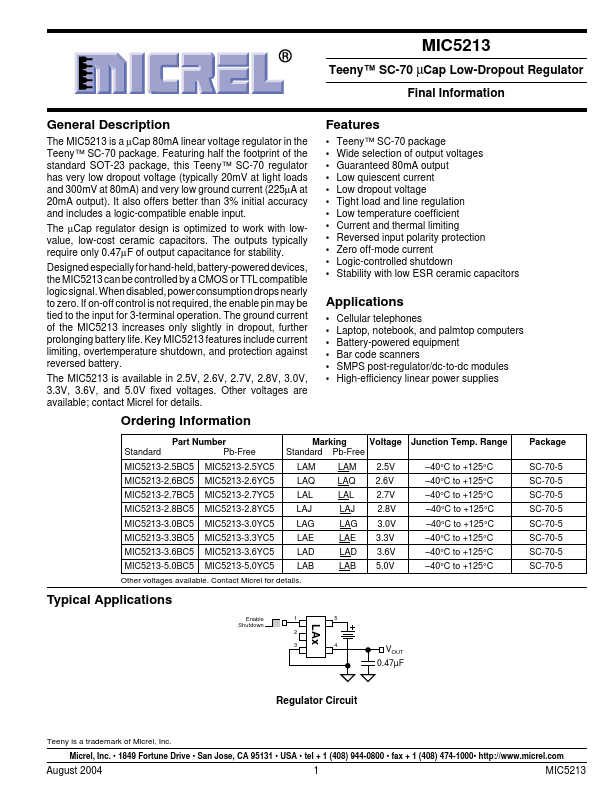 MIC5213 Low-Dropout Regulator by Micrel Semiconductor - Datasheet Preview