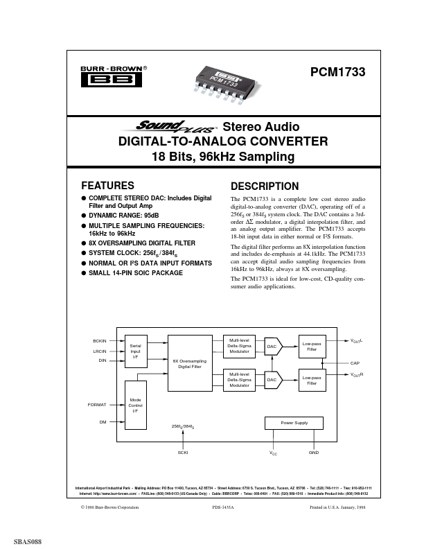 PCM1733 Stereo Audio DIGITAL-TO-ANALOG CONVERTER by Burr-Brown - Datasheet Preview