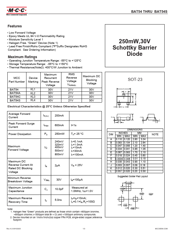 BAT54C 250mW 30V Schottky Barrier Diode by MCC - Datasheet Preview
