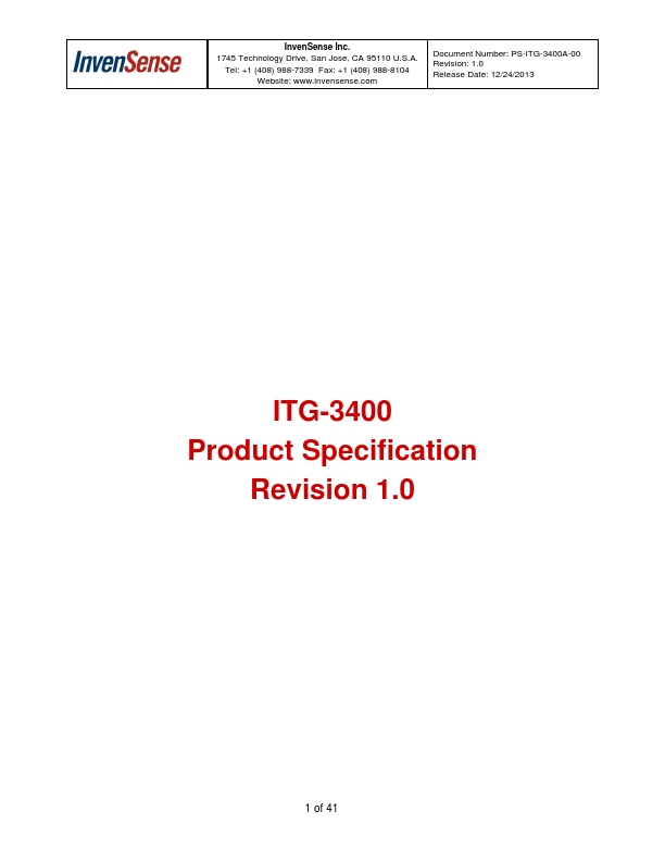 ITG-3400 3-axis gyroscope by InvenSense - Datasheet Preview