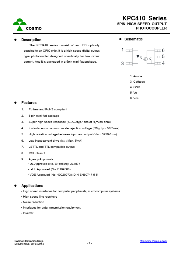 KPC410 5PIN HIGH-SPEED OUTPUT PHOTOCOUPLER by COSMO Electronics - Datasheet Preview