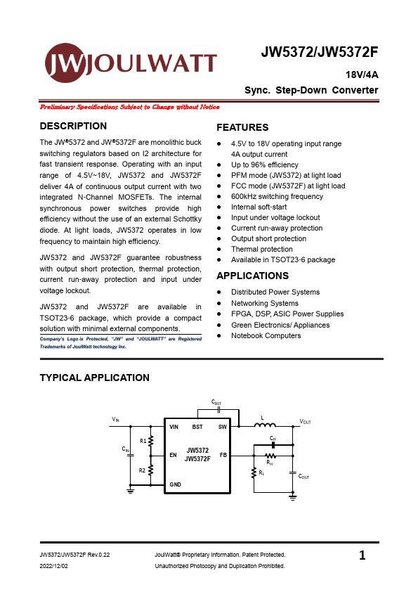 JW5372F 18V/4A Sync. Step-Down Converter by JoulWatt - Datasheet Preview