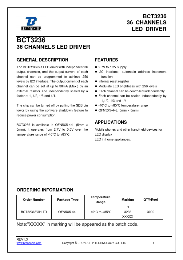 BCT3236 36-CHANNELS LED DRIVER by BROADCHIP - Datasheet Preview