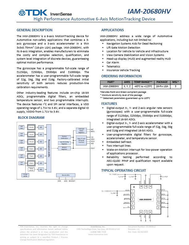 IAM-20680HV High Performance Automotive 6-Axis MotionTracking Device by TDK - Datasheet Preview