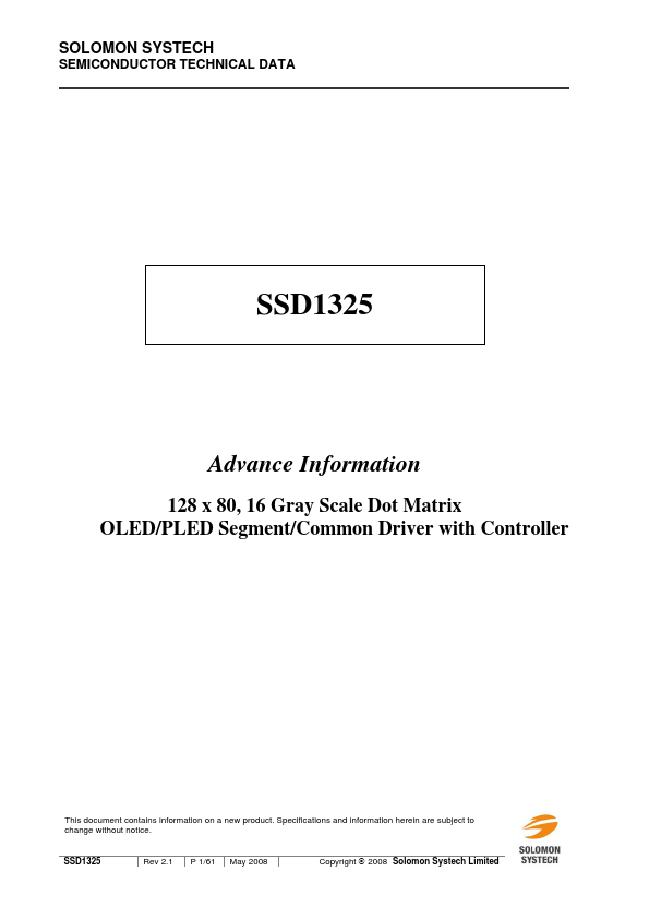 SSD1325 Datasheet Preview