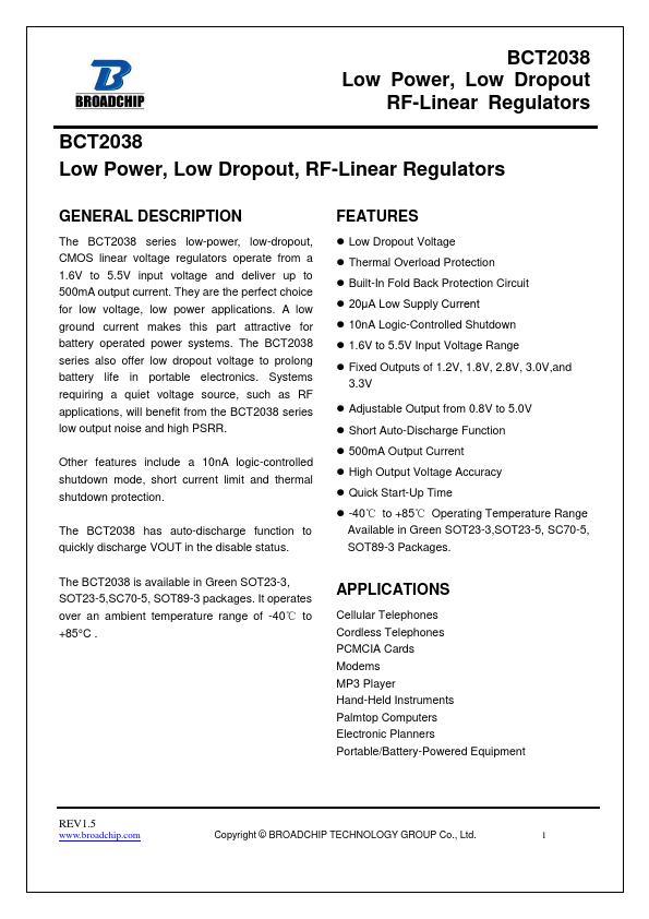 BCT2038 Low Power RF-Linear Regulators by BROADCHIP - Datasheet Preview