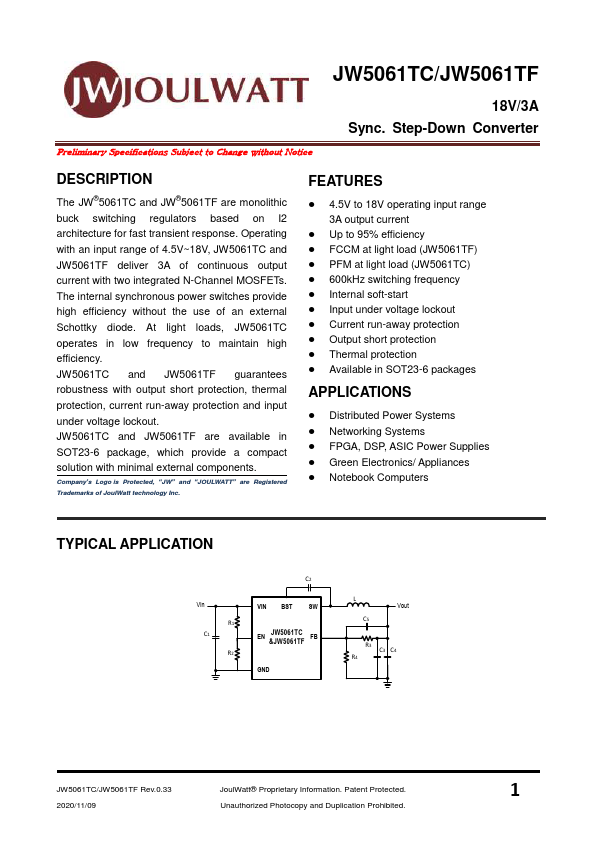 JW5061TF 18V/3A Sync. Step-Down Converter by JoulWatt - Datasheet Preview