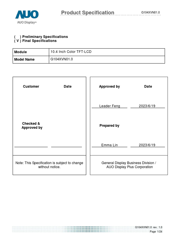 G104XVN01.0 Datasheet Preview