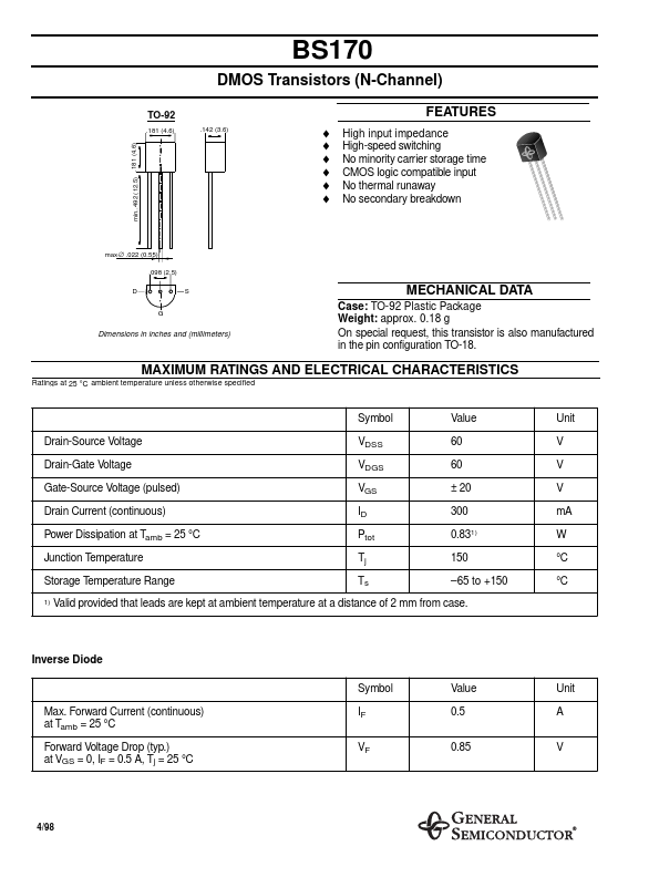 BS170 datasheet, transistors equivalent, General Semiconductor