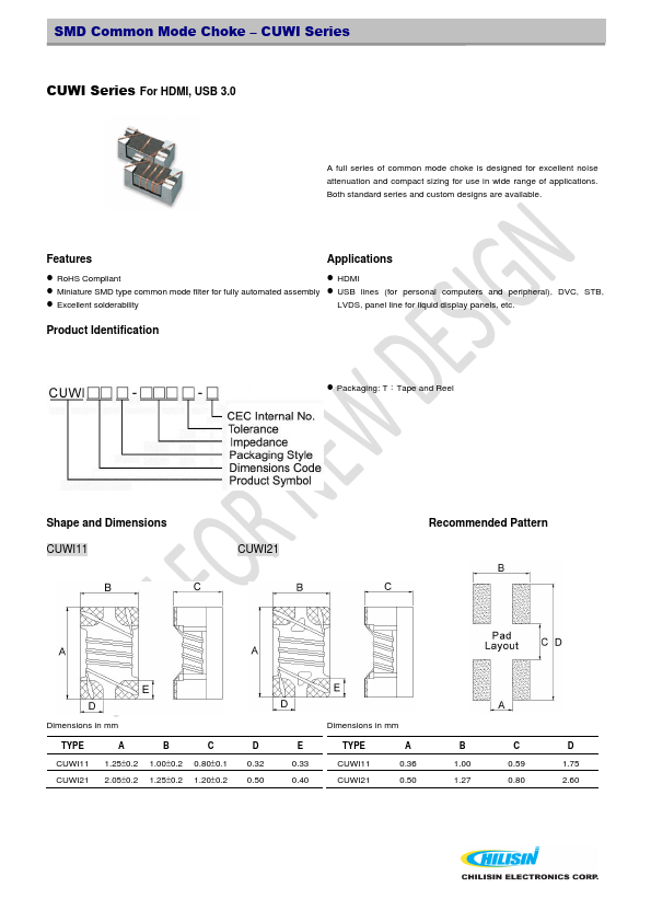CUWI21 SMD Common Mode Choke by CHILISIN - Datasheet Preview