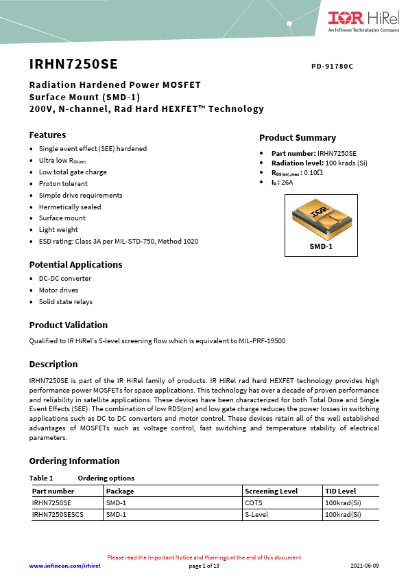 IRHN7250SE Datasheet Preview