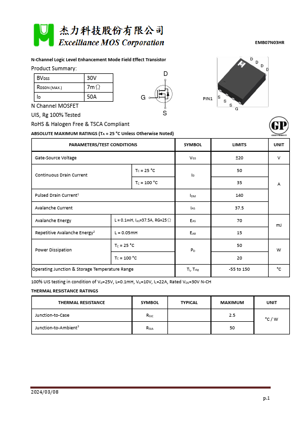 EMB07N03HR N-Channel Logic Level Enhancement Mode Field Effect Transistor by Excelliance MOS - Datasheet Preview