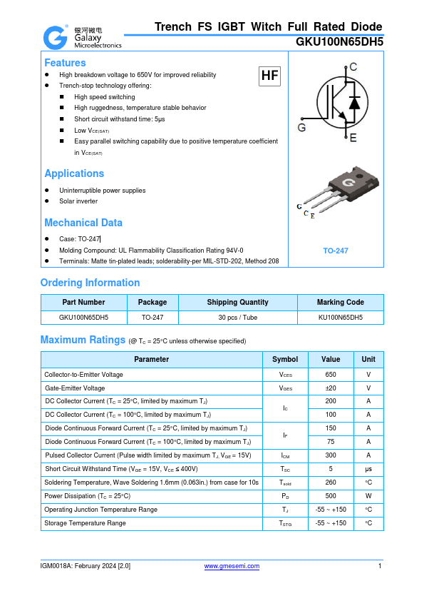 GKU100N65DH5 Trench FS IGBT Witch Full Rated Diode by GME - Datasheet Preview
