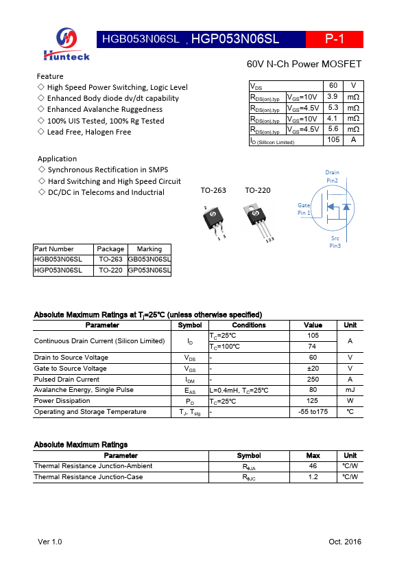 HGB053N06SL 60V N-Ch Power MOSFET by Hunteck - Datasheet Preview