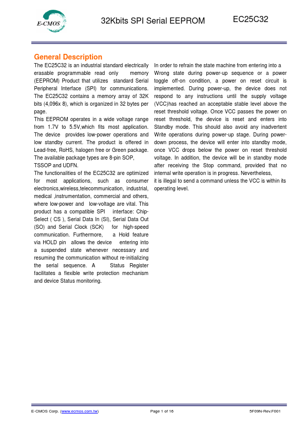 EC25C32 32Kbits SPI Serial EEPROM by E-CMOS - Datasheet Preview