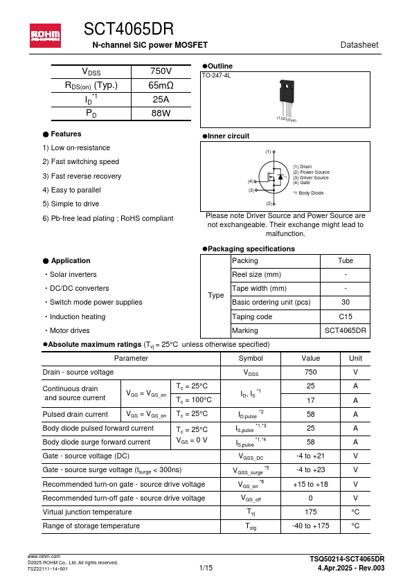 SCT4065DR N-channel SiC power MOSFET by ROHM - Datasheet Preview