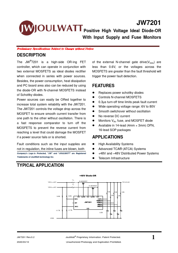 JW7201 Positive High Voltage Ideal Diode-OR by JoulWatt - Datasheet Preview