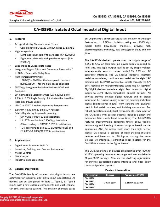 CA-IS3982 Isolated Octal Industrial Digital Input by Chipanalog - Datasheet Preview