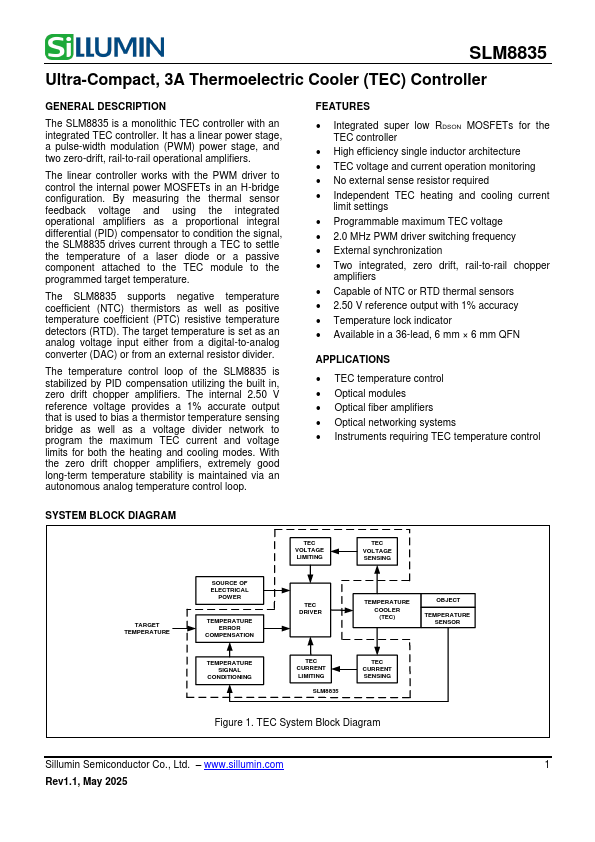 SLM8835 3A Thermoelectric Cooler Controller by Sillumin - Datasheet Preview