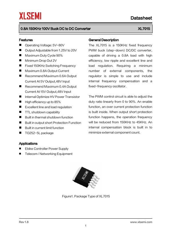 XL7015 0.8A 150KHz 80V Buck DC/DC Converter by Xlsemi - Datasheet Preview