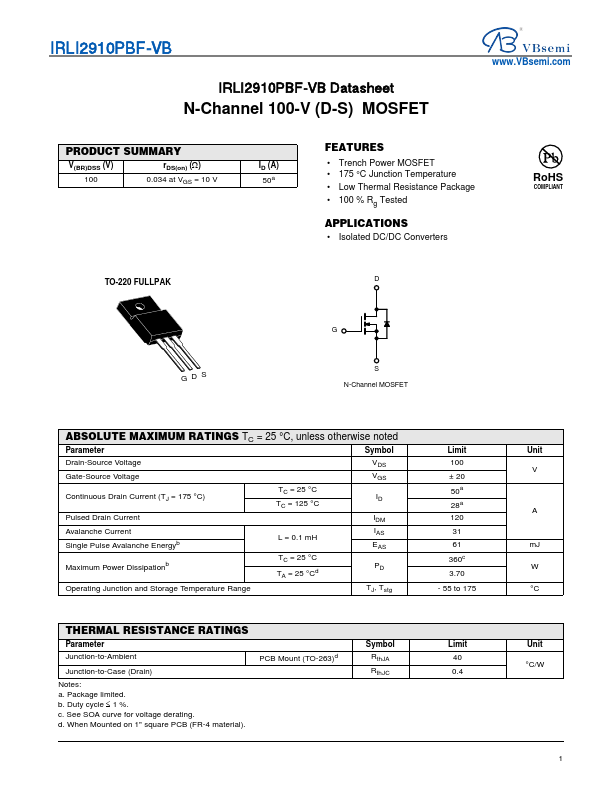 IRLI2910PBF Datasheet Preview