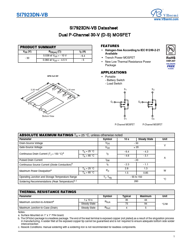 SI7923DN Dual P-Channel 30V MOSFET by VBsemi - Datasheet Preview