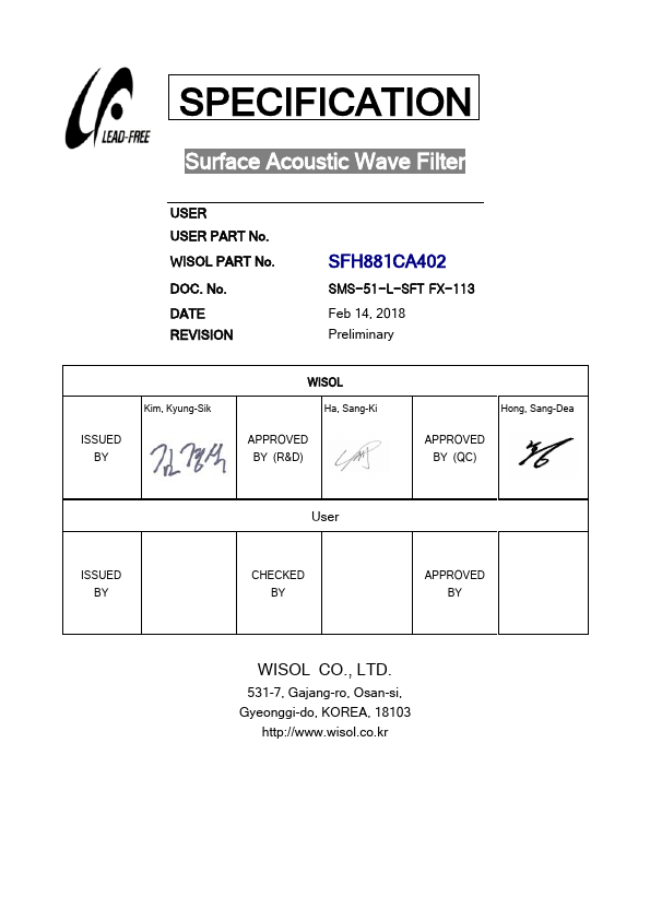 SFH881CA402 Surface Acoustic Wave Filter by WISOL - Datasheet Preview