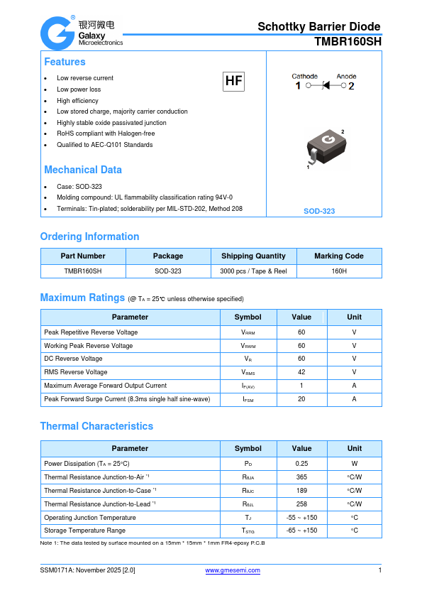 TMBR160SH schottky barrier diode by GME - Datasheet Preview