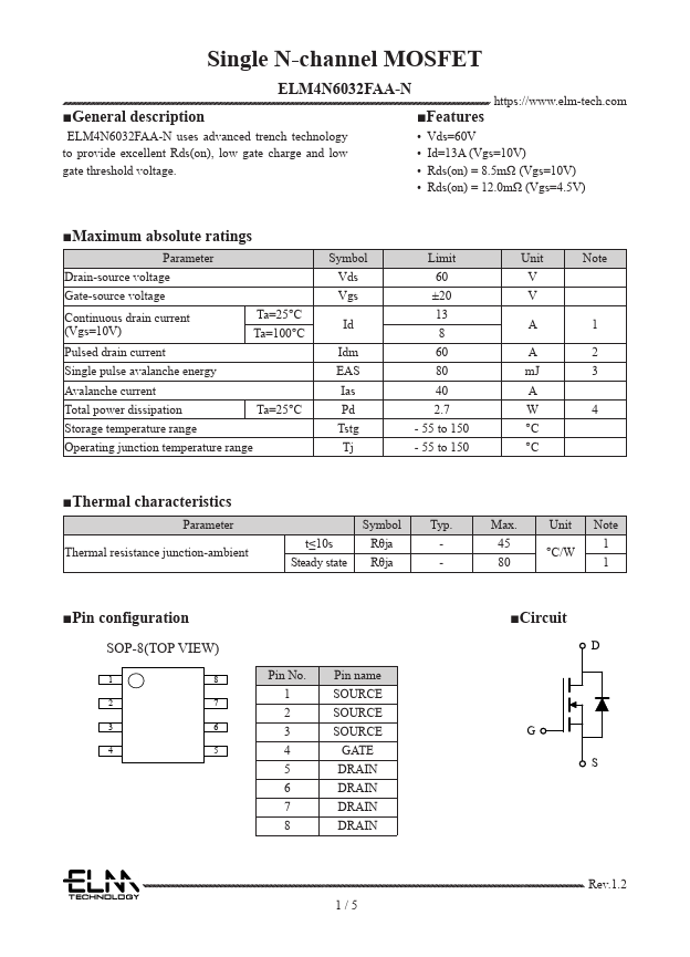 ELM4N6032FAA-N Single N-channel MOSFET by ELM - Datasheet Preview