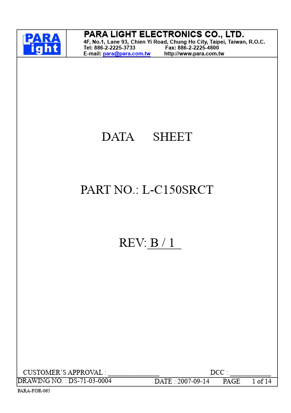 L-C150SRCT SURFACE MOUNT DEVICE LED by PARA LIGHT - Datasheet Preview