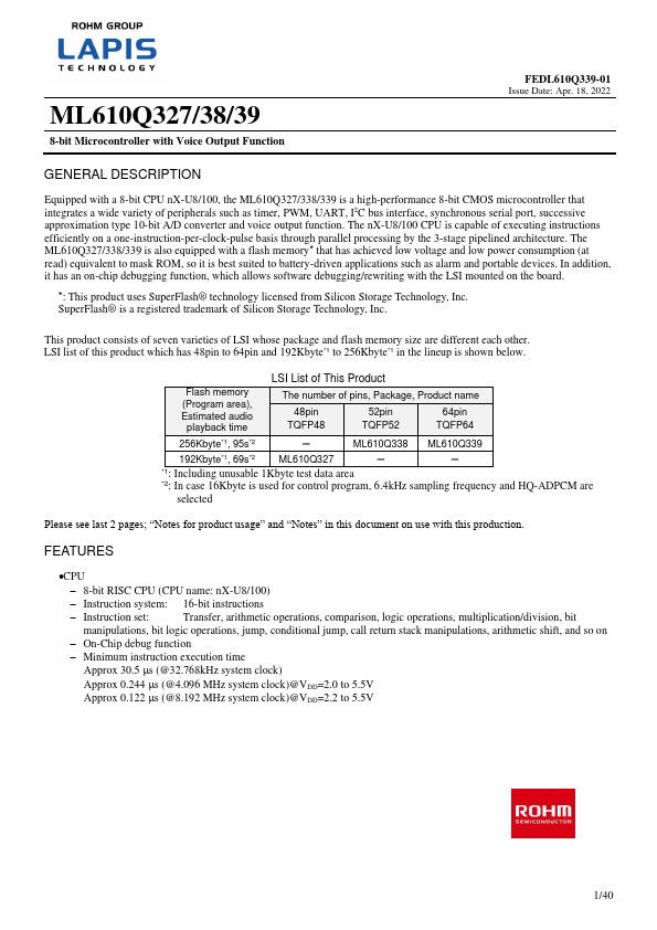 ML610Q328 8-bit Microcontroller by LAPIS - Datasheet Preview