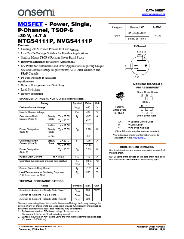NTGS4111P Datasheet Preview