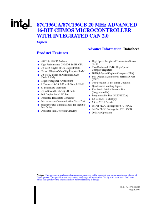 87C196CA Datasheet Preview
