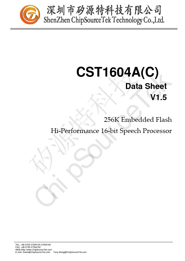 CST1604A Hi-Performance 16-bit Speech Processor by ChipSourceTek - Datasheet Preview