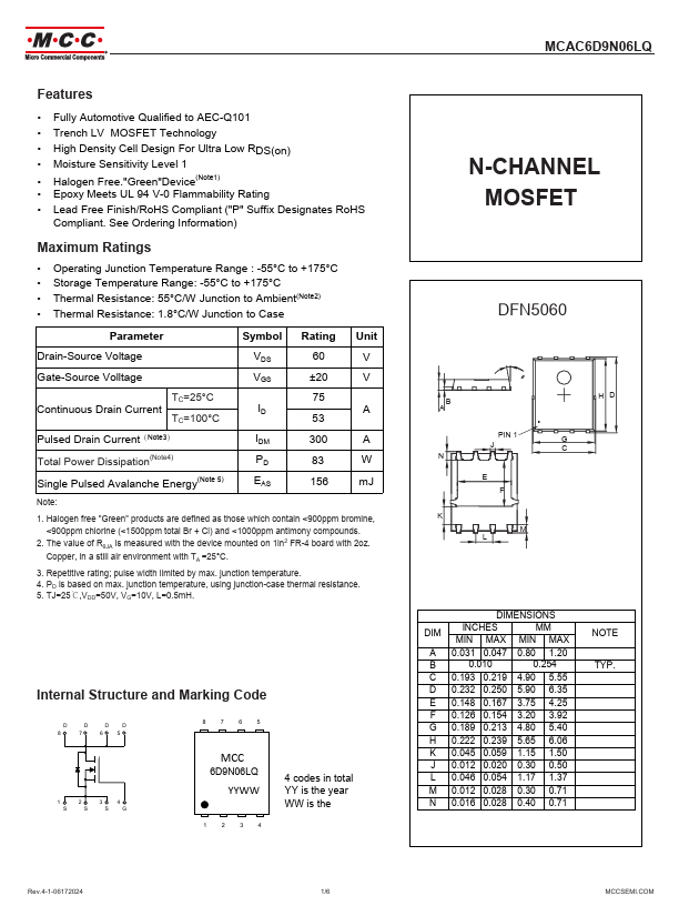 MCAC6D9N06LQ N-CHANNEL MOSFET by MCC - Datasheet Preview
