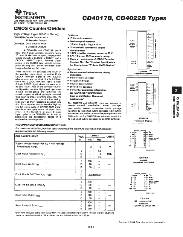 CD4017BE Datasheet, COUNTER/DIVIDERS, Texas Instruments