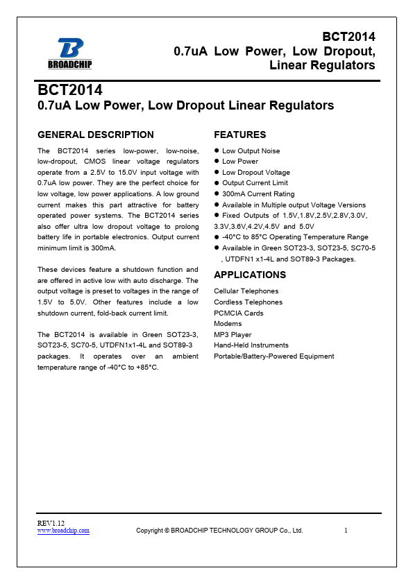 BCT2014 0.7uA Low Power Linear Regulators by BROADCHIP - Datasheet Preview