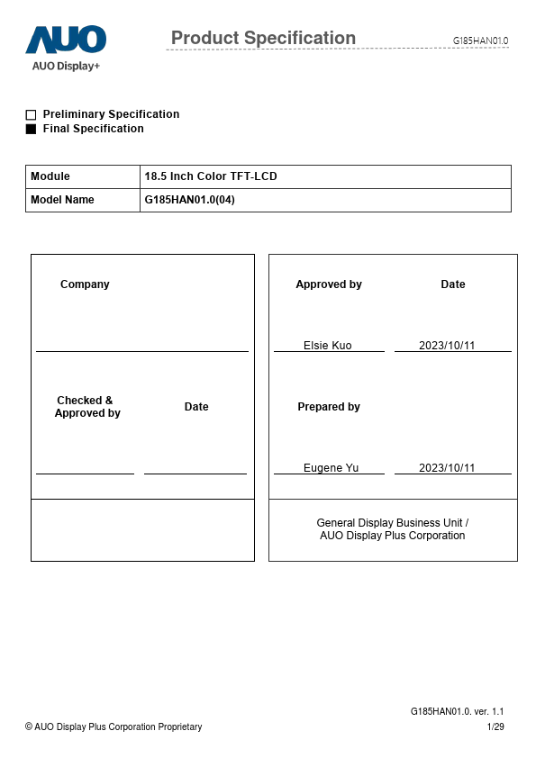 G185HAN01.0 Datasheet Preview