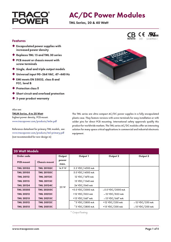 TML40205C AC/DC Power Modules by TRACO POWER - Datasheet Preview